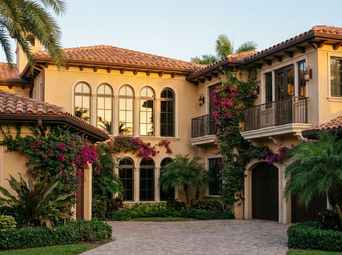 Arch windows above an entry on a Mediterranean-style home