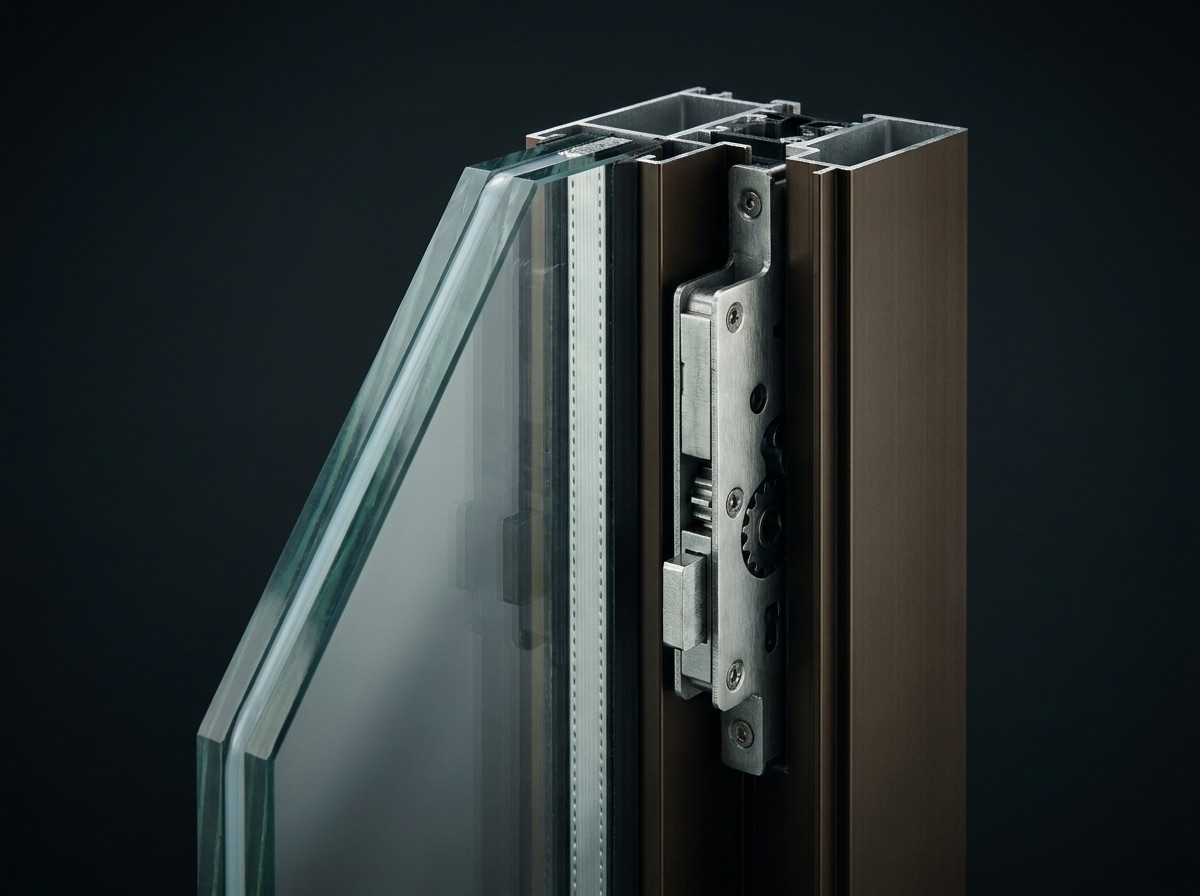Cross-section of a Titan impact window - laminated glass, bronze frame, and multi-point lock